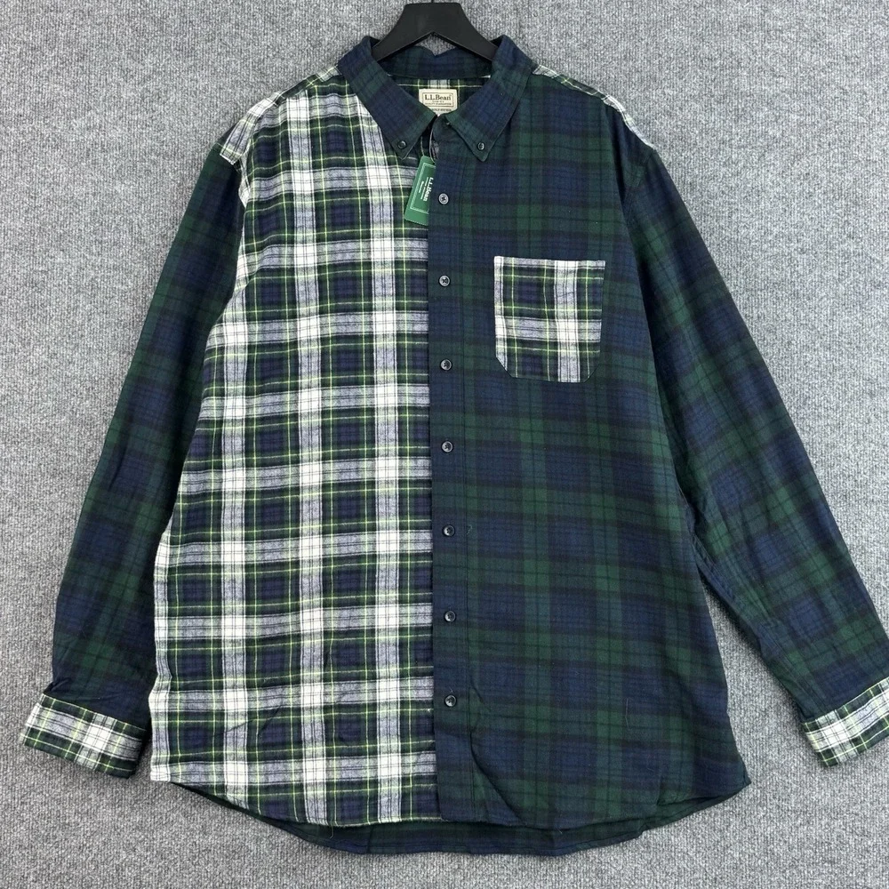 L.L.Bean Flannel Shirt Mens XXL T Green Black Watch Patchwork Plaid Cotton NWT